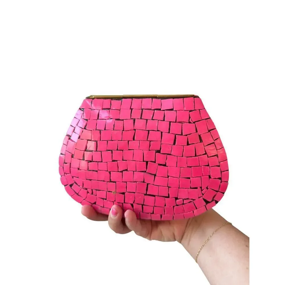 NEW Women's Glossy Pink Mosaic Tiles Gold Accents Semi-Circle Design Clutch